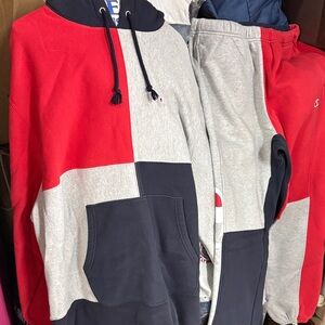 Champion Tri-Color Hoodie in Red, Gray, and Navy
